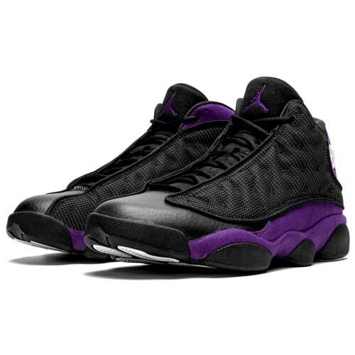The Air Jordan 13 “Court Purple” is a January 2022 release of the retro basketball shoe in a colorway that shows love to the team uniform colors of the Los Angeles Lakers. The “Court Purple” edition of Michael Jordan’s thirteenth signature shoe is yet another popular colorway that pays respects to the Lakers—the first being the aptly named “Lakers” makeup that was released in July 2019. Sans any official Lakers branding, the “Court Purple” nonetheless features the Lakers’ color palette on its design. The “Court Purple” mimics the color block of the Jordan 13’s original “Bred” colorway by substituting the red accenting for purple along the heel and mudguard. The black mesh upper is treated to a 3M reflective finish. A holographic emblem denoting Jordan’s “Black Cat” nickname, meant to resemble a panther’s eye, can be found on the heel. A Court Purple embroidered Jumpman is found on the tongue and white “Jordan” detailing appears on the vamp. Black midsole walls complete the look.