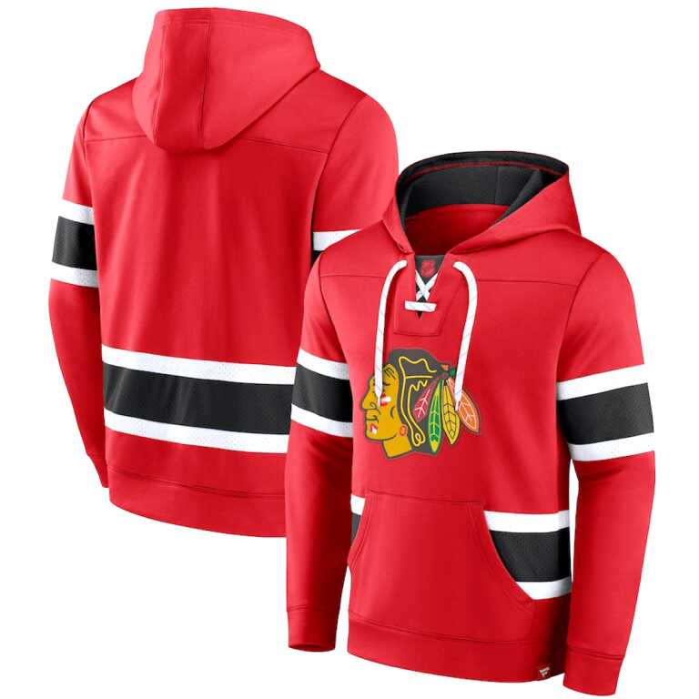 Men's Chicago Blackhawks Fanatics Branded Red Iconic Power Play Lace-Up Pullover Hoodie - Image 3
