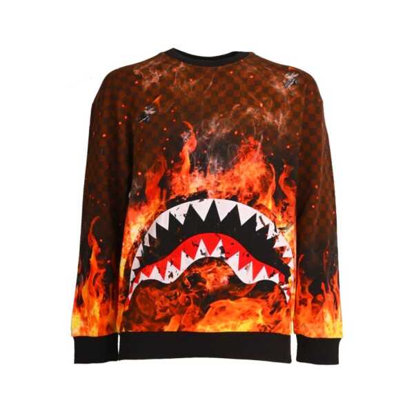 Men's SPRAYGROUND SWEATSHIRT SHARK ON FIRE CREWNECK BROWN