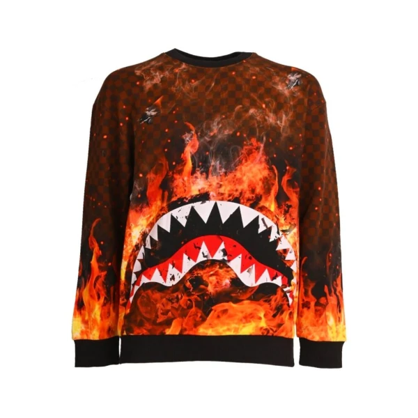 Men's SPRAYGROUND SWEATSHIRT SHARK ON FIRE CREWNECK BROWN