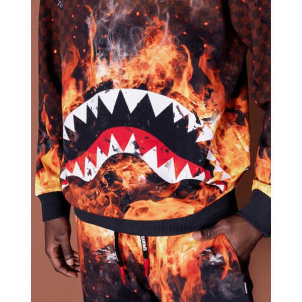 Men's SPRAYGROUND SWEATSHIRT SHARK ON FIRE CREWNECK BROWN - Image 4