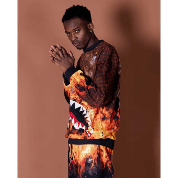 Men's SPRAYGROUND SWEATSHIRT SHARK ON FIRE CREWNECK BROWN - Image 3
