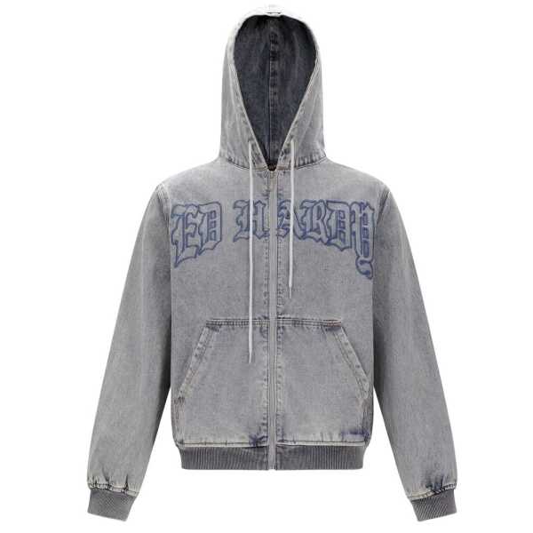 Ed Hardy Flaming Cross Denim Zip Thru Hoodie