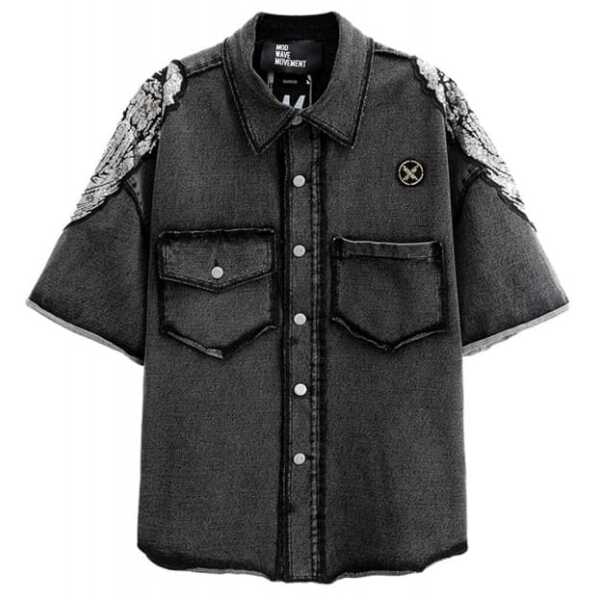 Mod Wave Movement Wings Denim Short-Sleeve Shirt