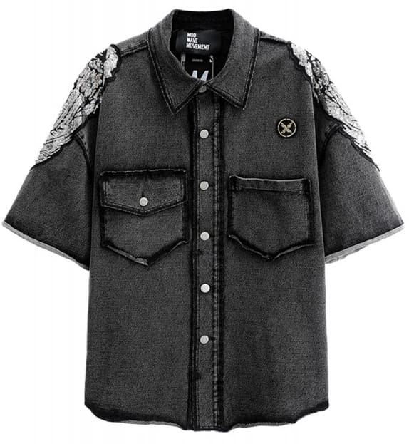 Mod Wave Movement Wings Denim Short-Sleeve Shirt